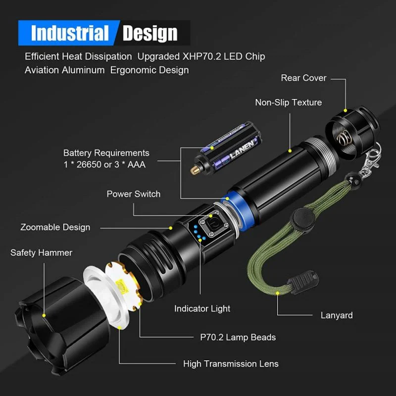 Long-Range High-Power Xhp70 90 Tactical LED Flashlight